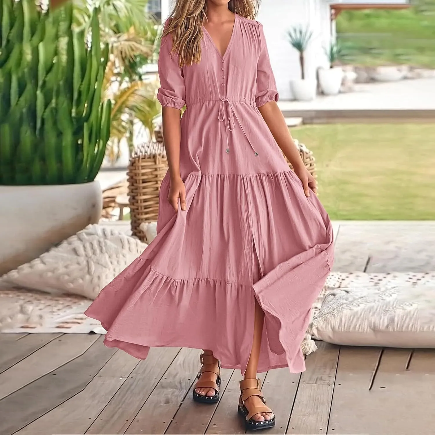 Women's Fall Maxi Dress V Neck Long Sleeve Tiered Ruffle Flowy A Line Cocktail Party Dresses