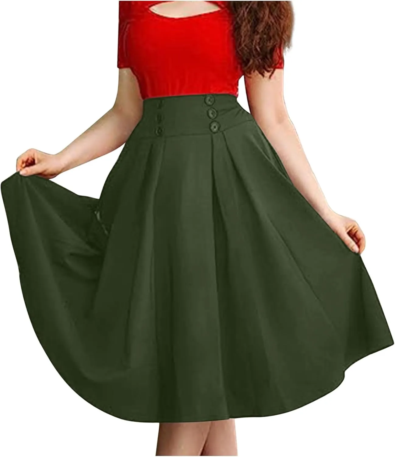 Women's Fall Winter Button Down Pleated Midi Skirt High Elastic Waisted Flowy Long Skirts Casual Solid Color Skirt