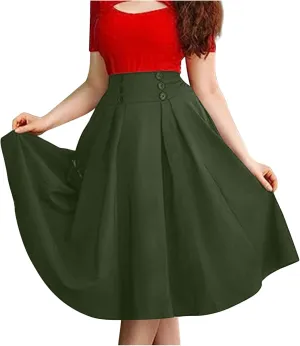 Women's Fall Winter Button Down Pleated Midi Skirt High Elastic Waisted Flowy Long Skirts Casual Solid Color Skirt