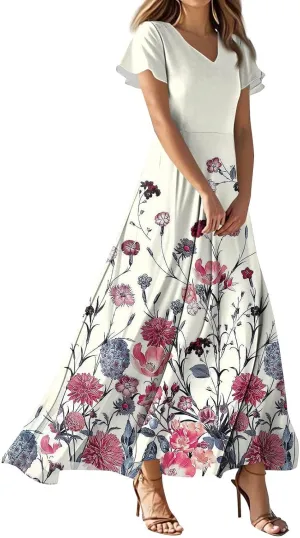 Womens Fashion V Neck Ruffle Short Sleeve Maxi Dress 2025 Summer Elegant Solid Color Flowy A Line Dresses