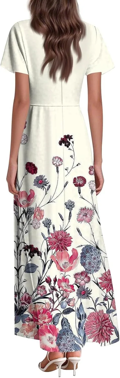 Womens Fashion V Neck Ruffle Short Sleeve Maxi Dress 2025 Summer Elegant Solid Color Flowy A Line Dresses
