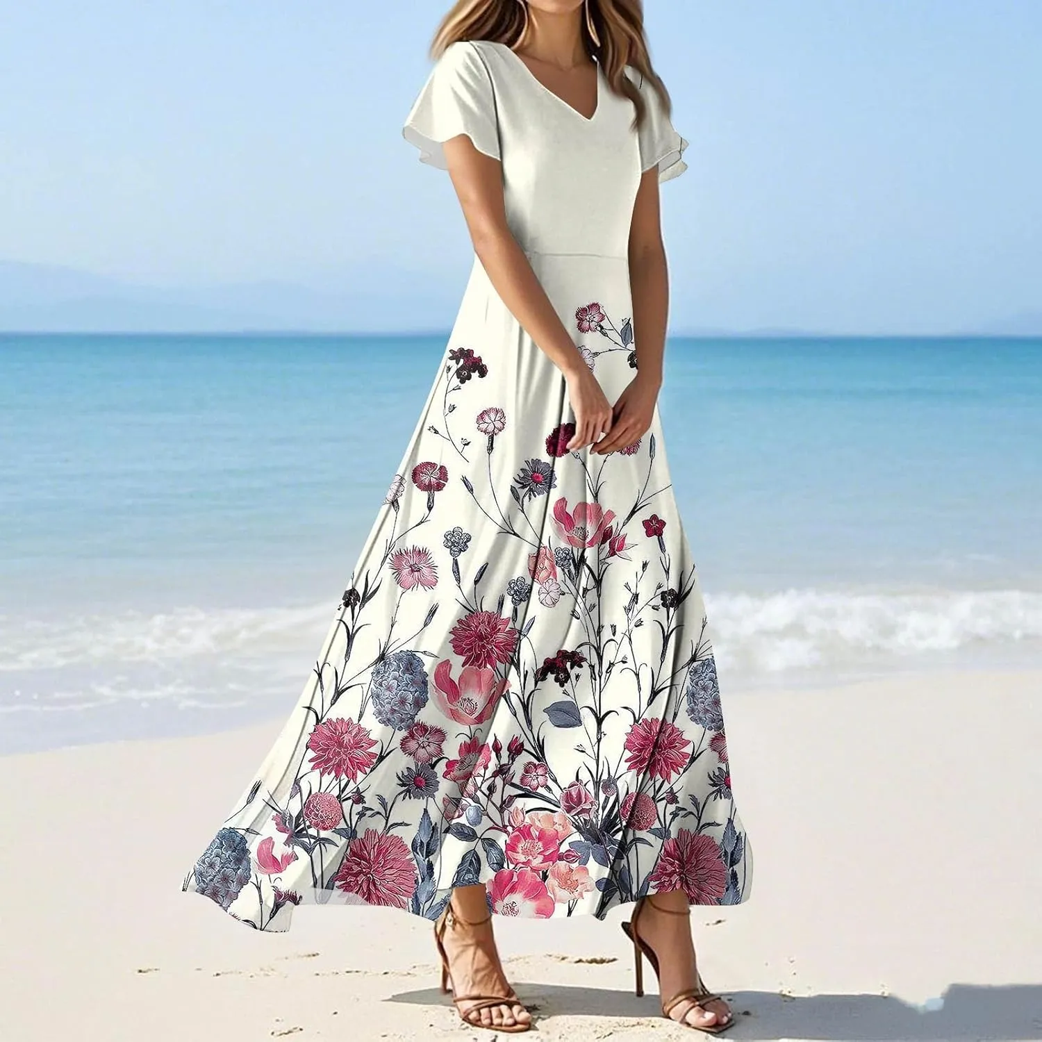 Womens Fashion V Neck Ruffle Short Sleeve Maxi Dress 2025 Summer Elegant Solid Color Flowy A Line Dresses