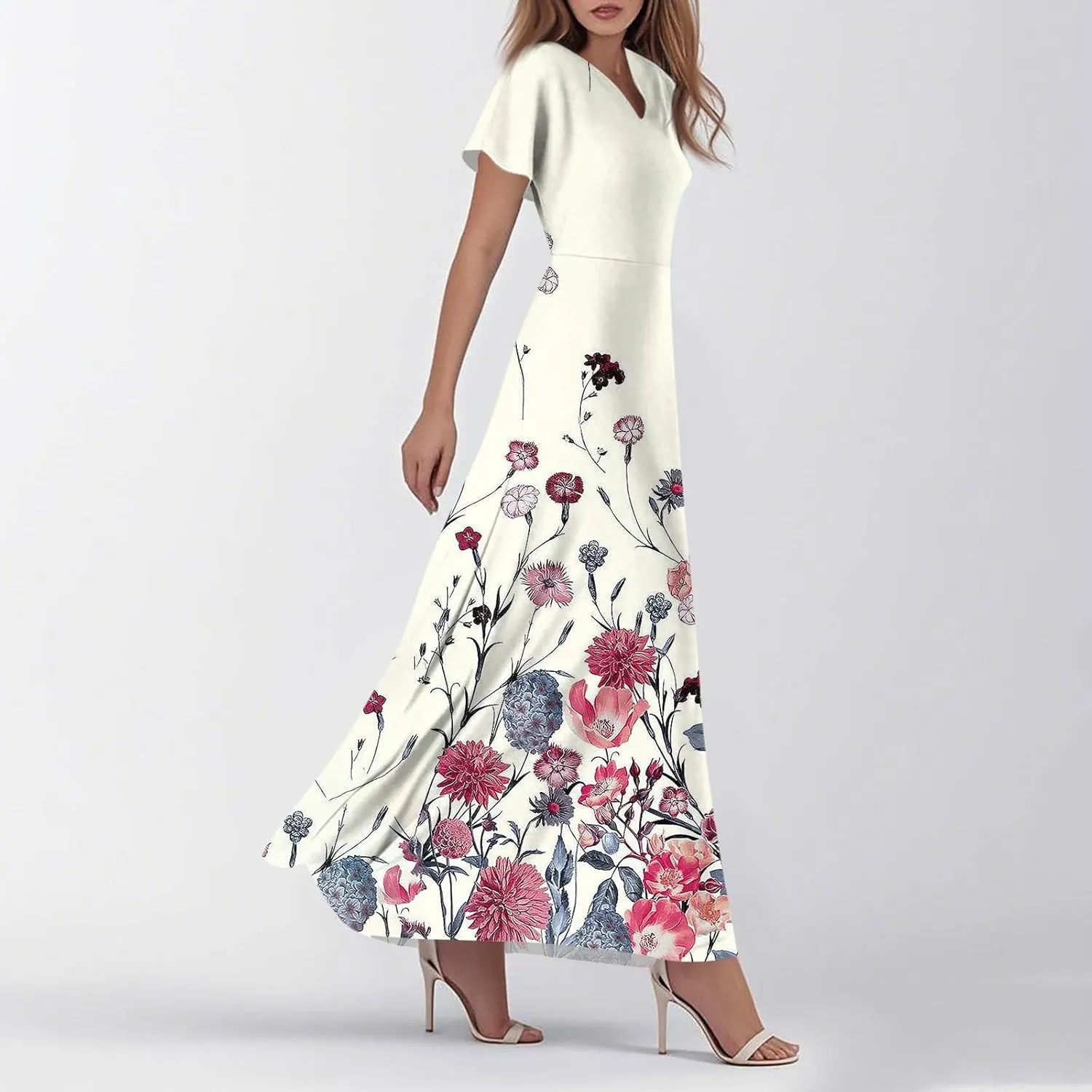 Womens Fashion V Neck Ruffle Short Sleeve Maxi Dress 2025 Summer Elegant Solid Color Flowy A Line Dresses