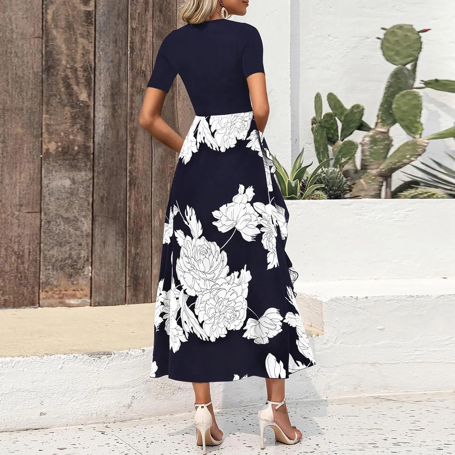 Womens Floral Maxi Dress 2025 Spring Fall Casual Crewneck Short Sleeve Ruffle Flowy Cocktail Wedding Guest Dresses