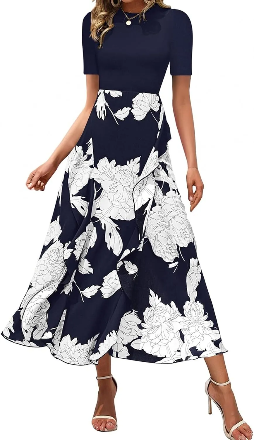 Womens Floral Maxi Dress 2025 Spring Fall Casual Crewneck Short Sleeve Ruffle Flowy Cocktail Wedding Guest Dresses