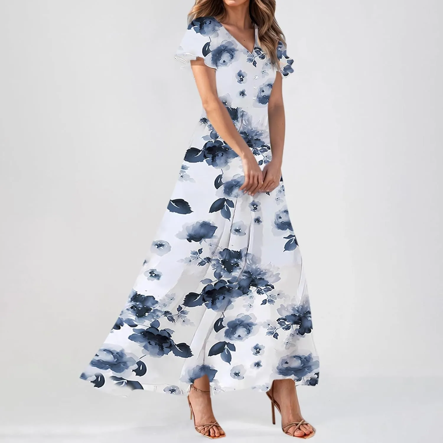 Womens Floral Maxi Dress V Neck Flutter Sleeve Chiffon Long Flowy Dresses Casual Summer Boho Beach Vacation Dresses