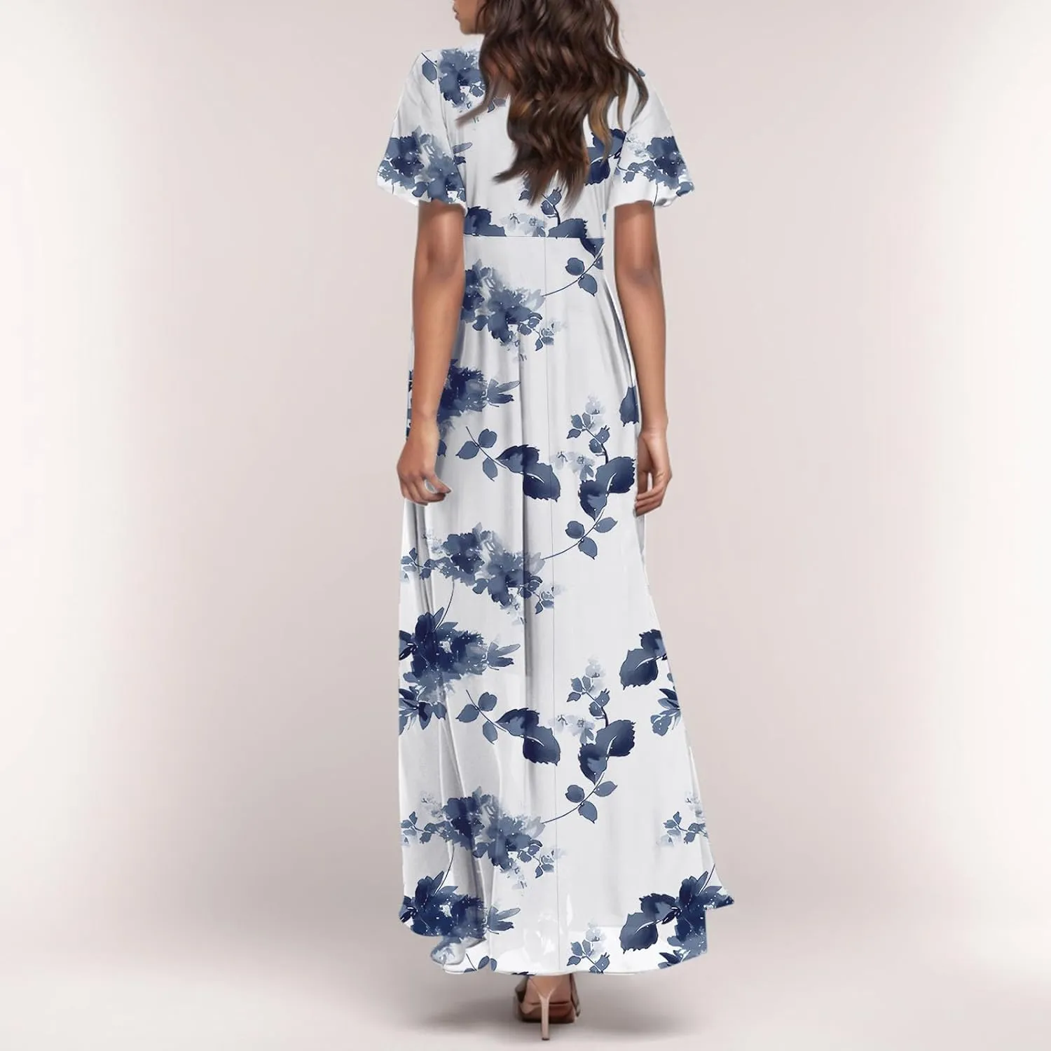 Womens Floral Maxi Dress V Neck Flutter Sleeve Chiffon Long Flowy Dresses Casual Summer Boho Beach Vacation Dresses