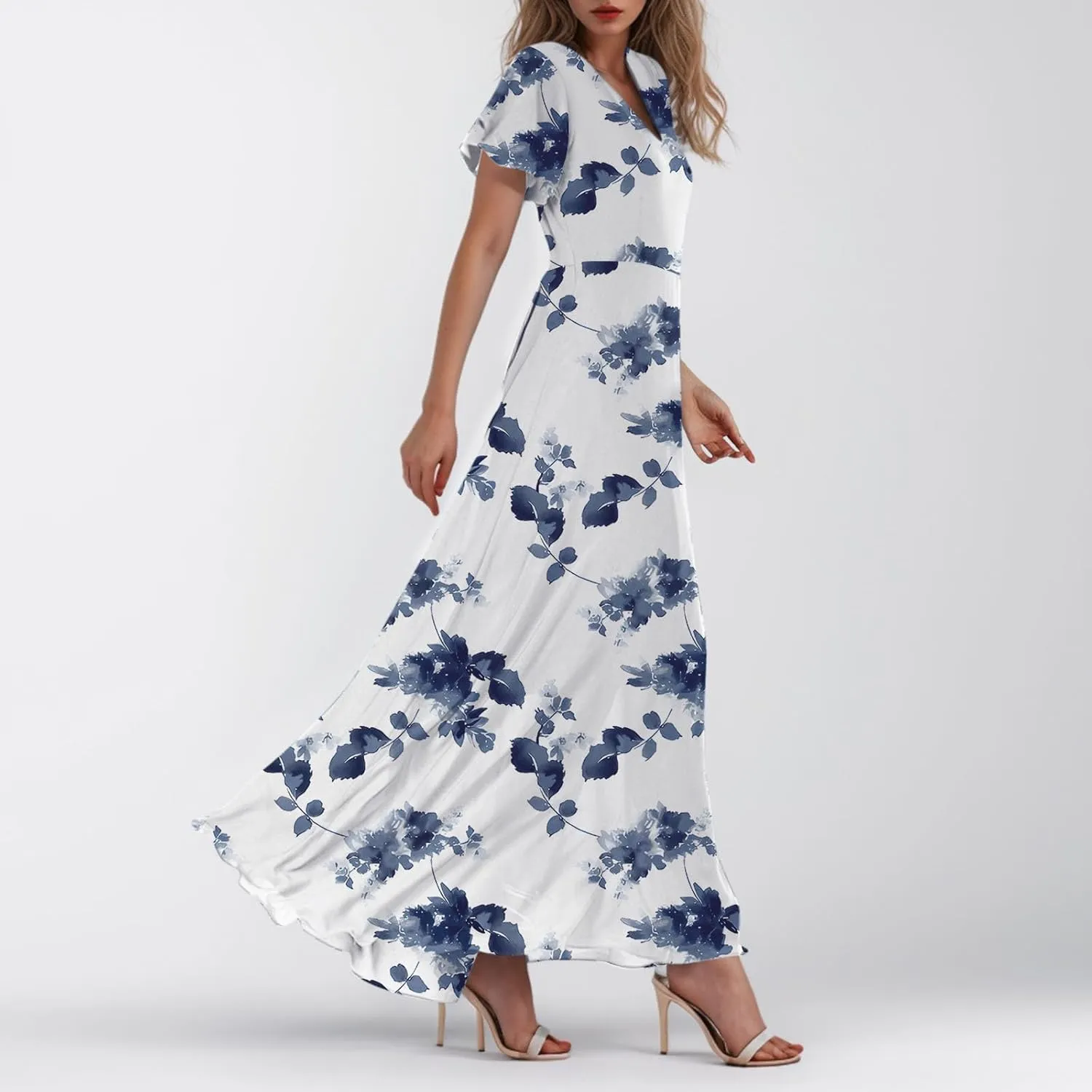 Womens Floral Maxi Dress V Neck Flutter Sleeve Chiffon Long Flowy Dresses Casual Summer Boho Beach Vacation Dresses