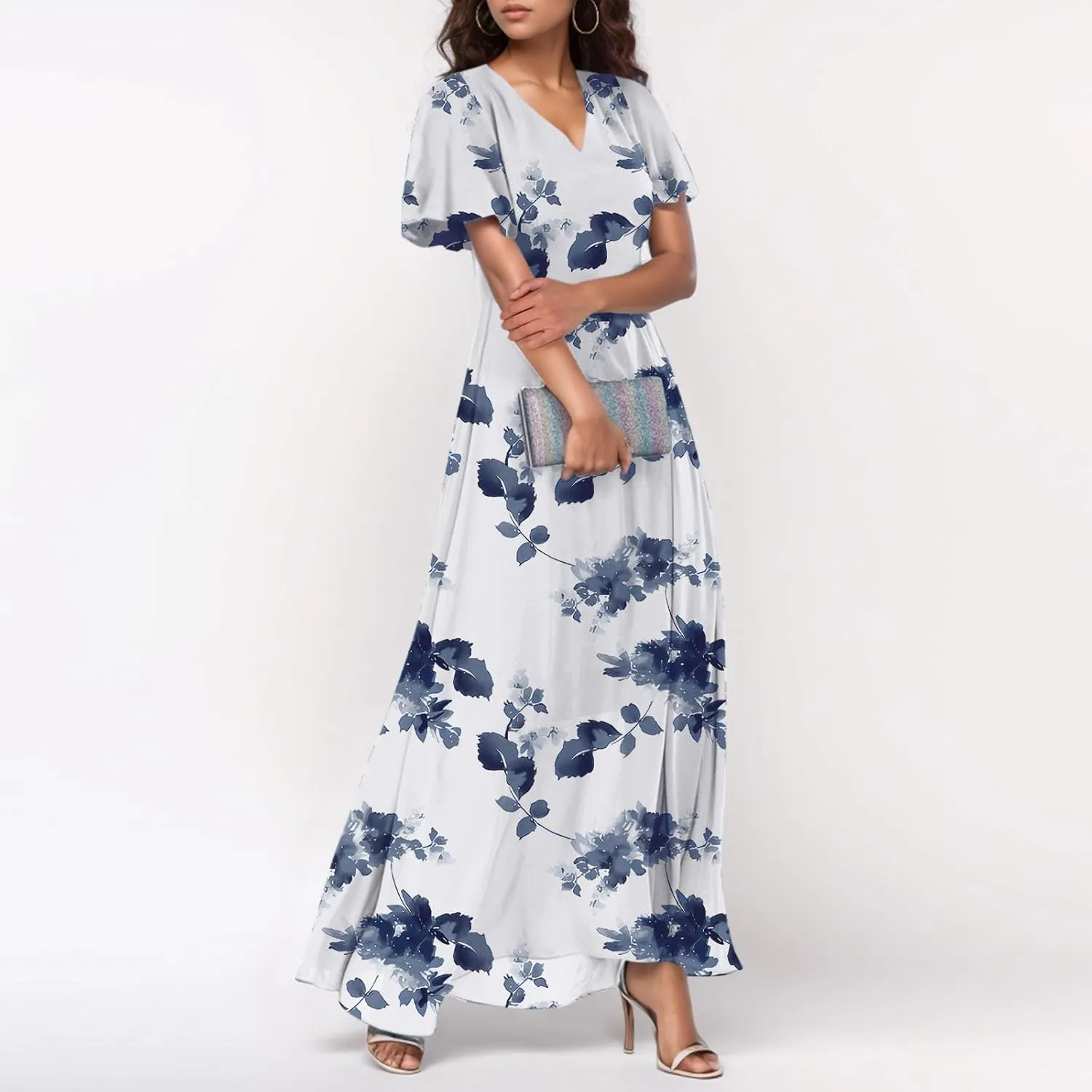 Womens Floral Maxi Dress V Neck Flutter Sleeve Chiffon Long Flowy Dresses Casual Summer Boho Beach Vacation Dresses