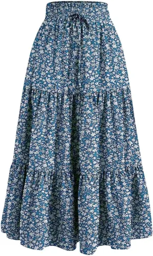 Womens Floral Maxi Skirts 2025 Summer Boho Ruffle Long Skirts for Women Women's A-Line Midi Skirt Flowy Dresses