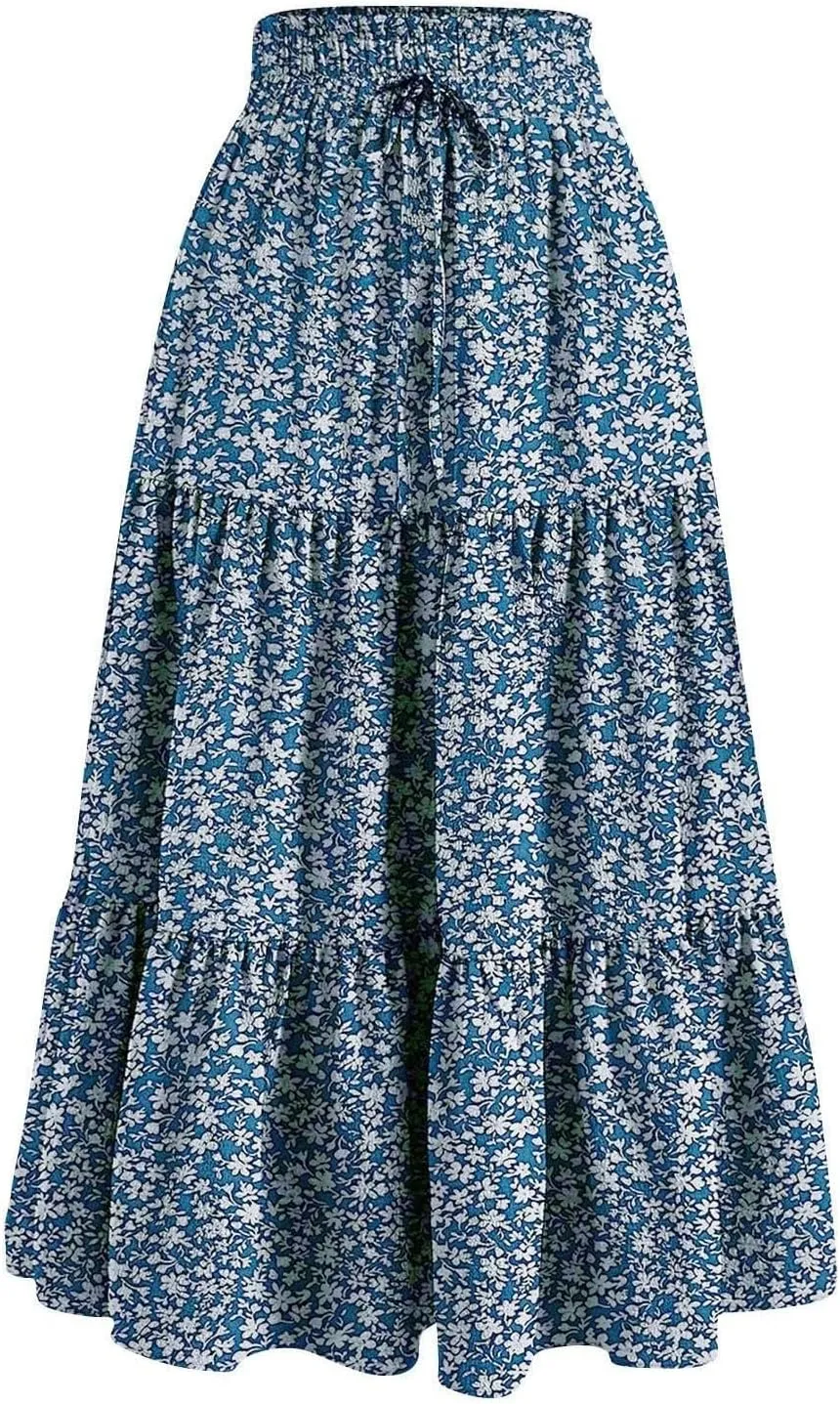 Womens Floral Maxi Skirts 2025 Summer Boho Ruffle Long Skirts for Women Women's A-Line Midi Skirt Flowy Dresses
