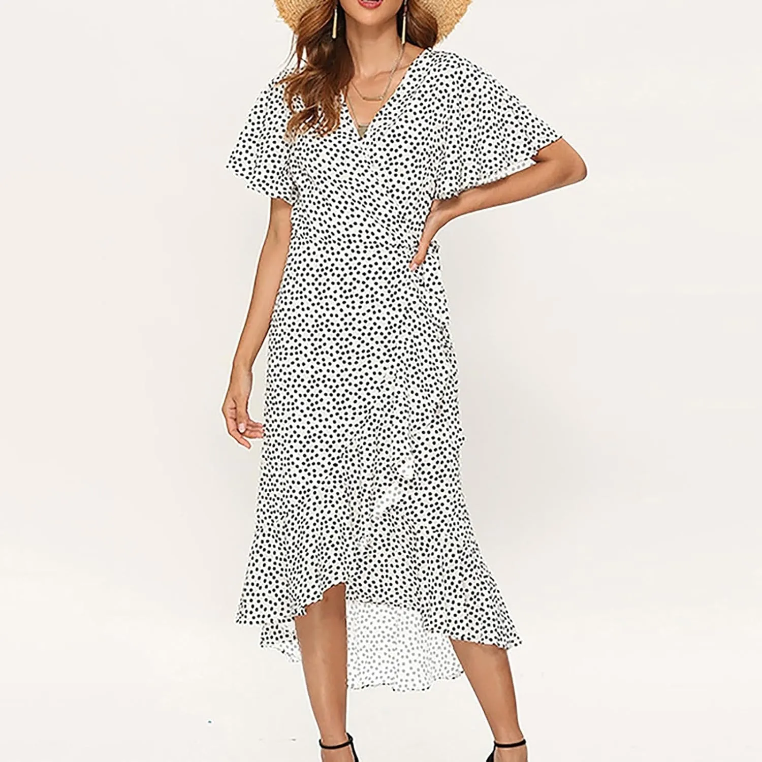 Women's Floral Print Boho Dress Short Sleeve Wrap V Neck Ruffle Belted A-Line Flowy Maxi Dresses Wedding Guest Dresses