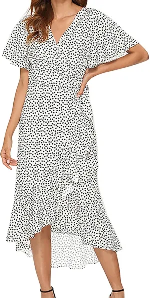 Women's Floral Print Boho Dress Short Sleeve Wrap V Neck Ruffle Belted A-Line Flowy Maxi Dresses Wedding Guest Dresses