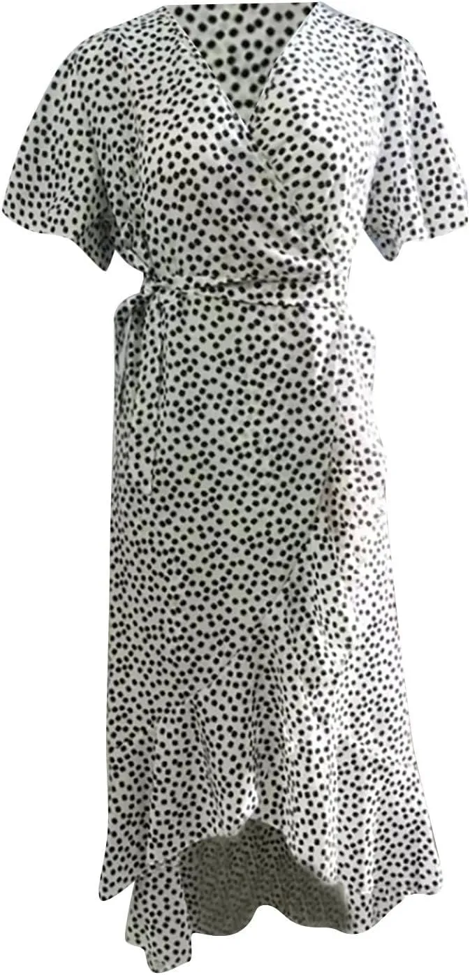Women's Floral Print Boho Dress Short Sleeve Wrap V Neck Ruffle Belted A-Line Flowy Maxi Dresses Wedding Guest Dresses