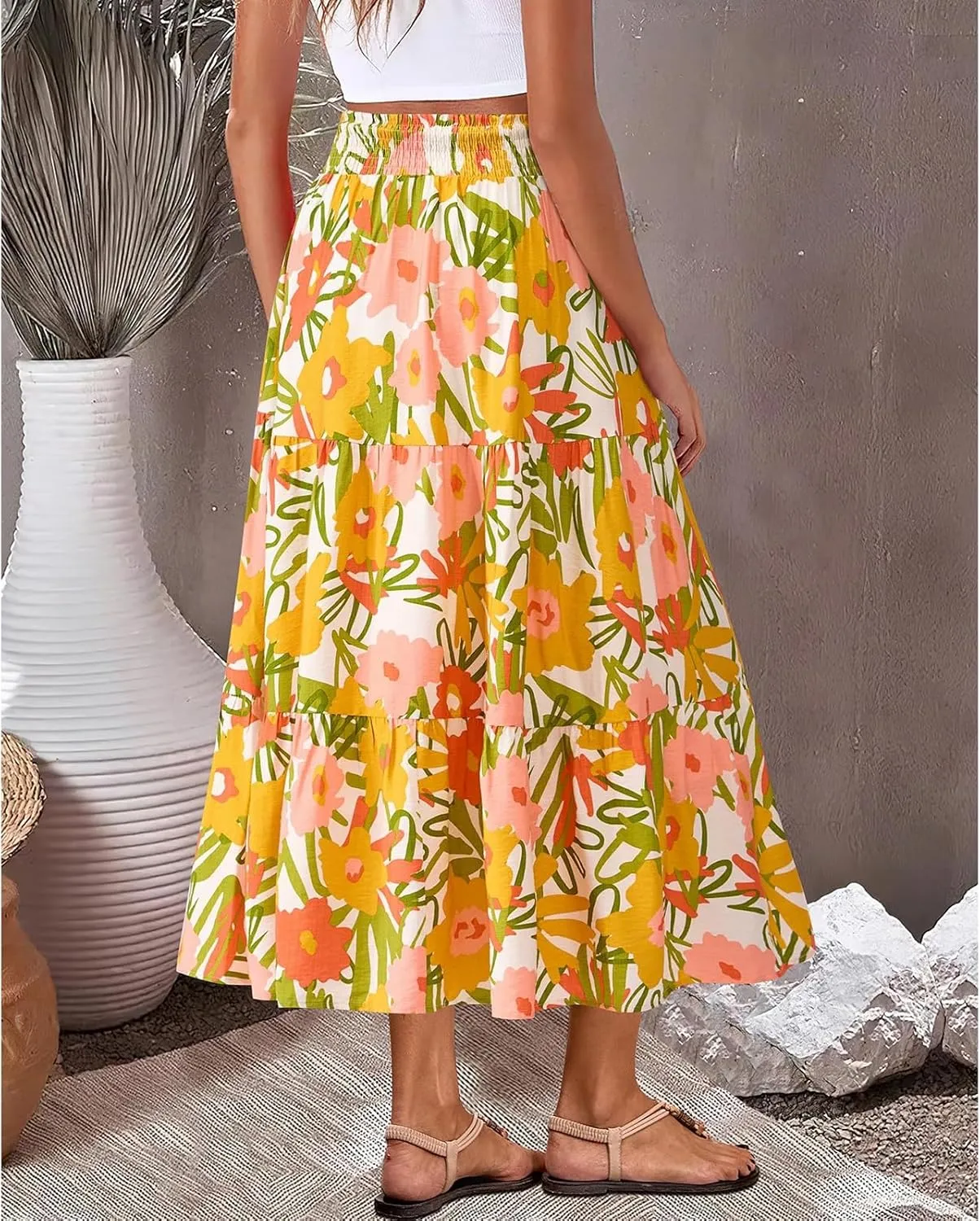 Women's Floral Print Midi Maxi Skirts- 2025 Summer Casual Aline Elastic High Waist Pleated Flowy Long Skirt Pockets