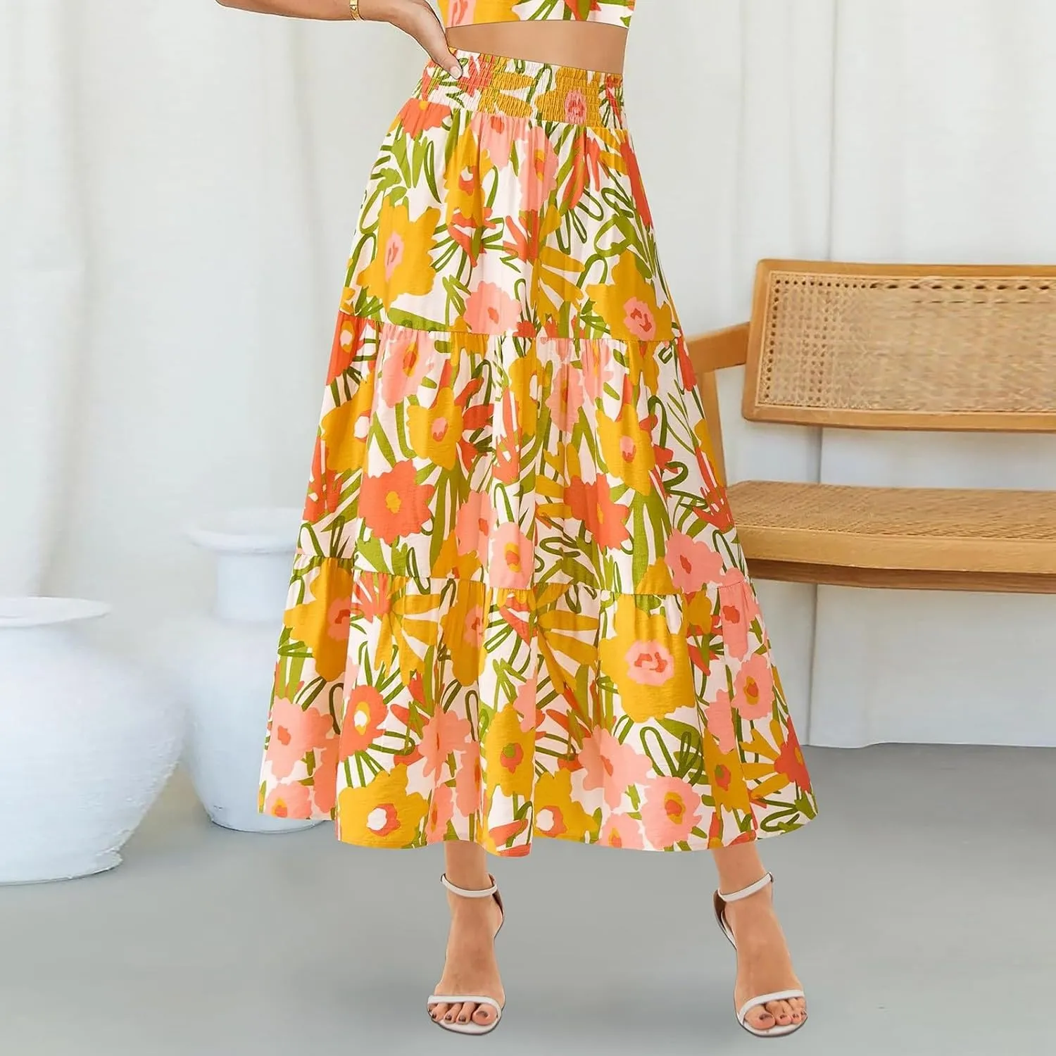 Women's Floral Print Midi Maxi Skirts- 2025 Summer Casual Aline Elastic High Waist Pleated Flowy Long Skirt Pockets
