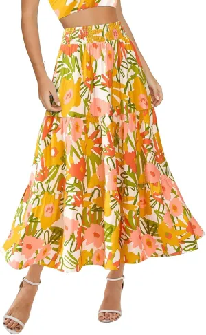 Women's Floral Print Midi Maxi Skirts- 2025 Summer Casual Aline Elastic High Waist Pleated Flowy Long Skirt Pockets