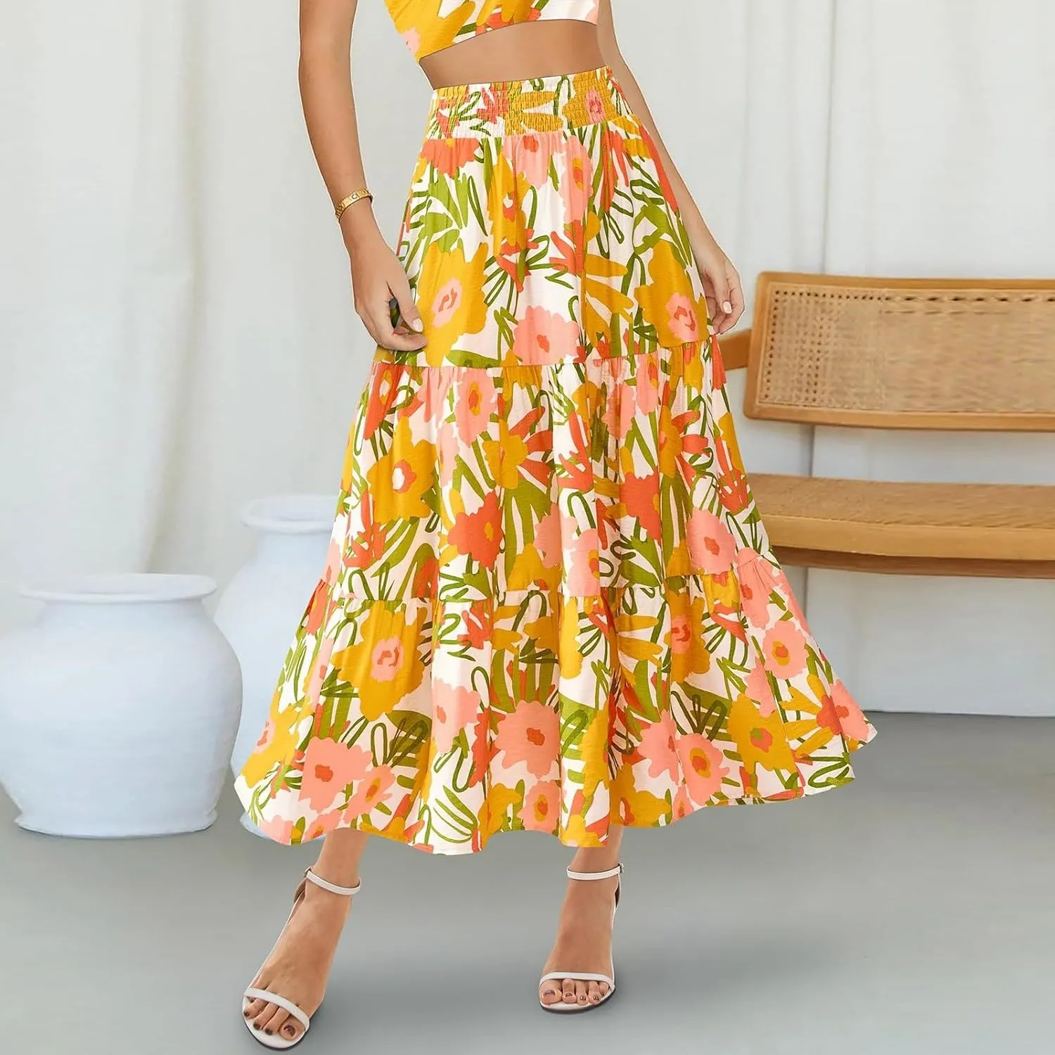 Women's Floral Print Midi Maxi Skirts- 2025 Summer Casual Aline Elastic High Waist Pleated Flowy Long Skirt Pockets