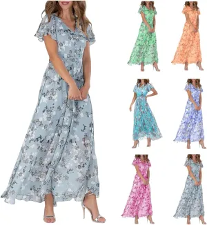 Womens Floral Summer Dress Sundresses for Women Chiffon Short Sleeve V Neck A-Line Ruffle Flowy Maxi Dress Casual 2025