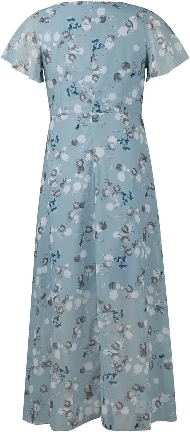 Womens Floral Summer Dress Sundresses for Women Chiffon Short Sleeve V Neck A-Line Ruffle Flowy Maxi Dress Casual 2025