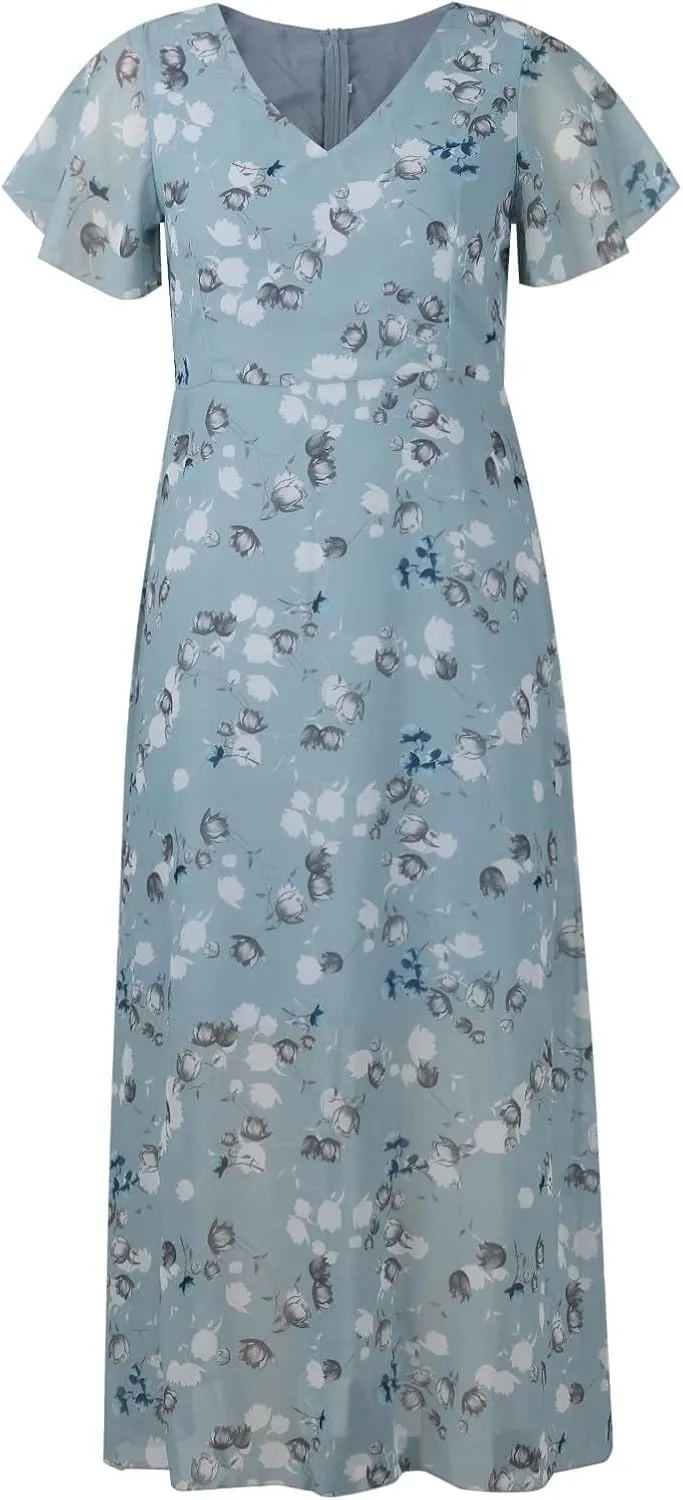 Womens Floral Summer Dress Sundresses for Women Chiffon Short Sleeve V Neck A-Line Ruffle Flowy Maxi Dress Casual 2025