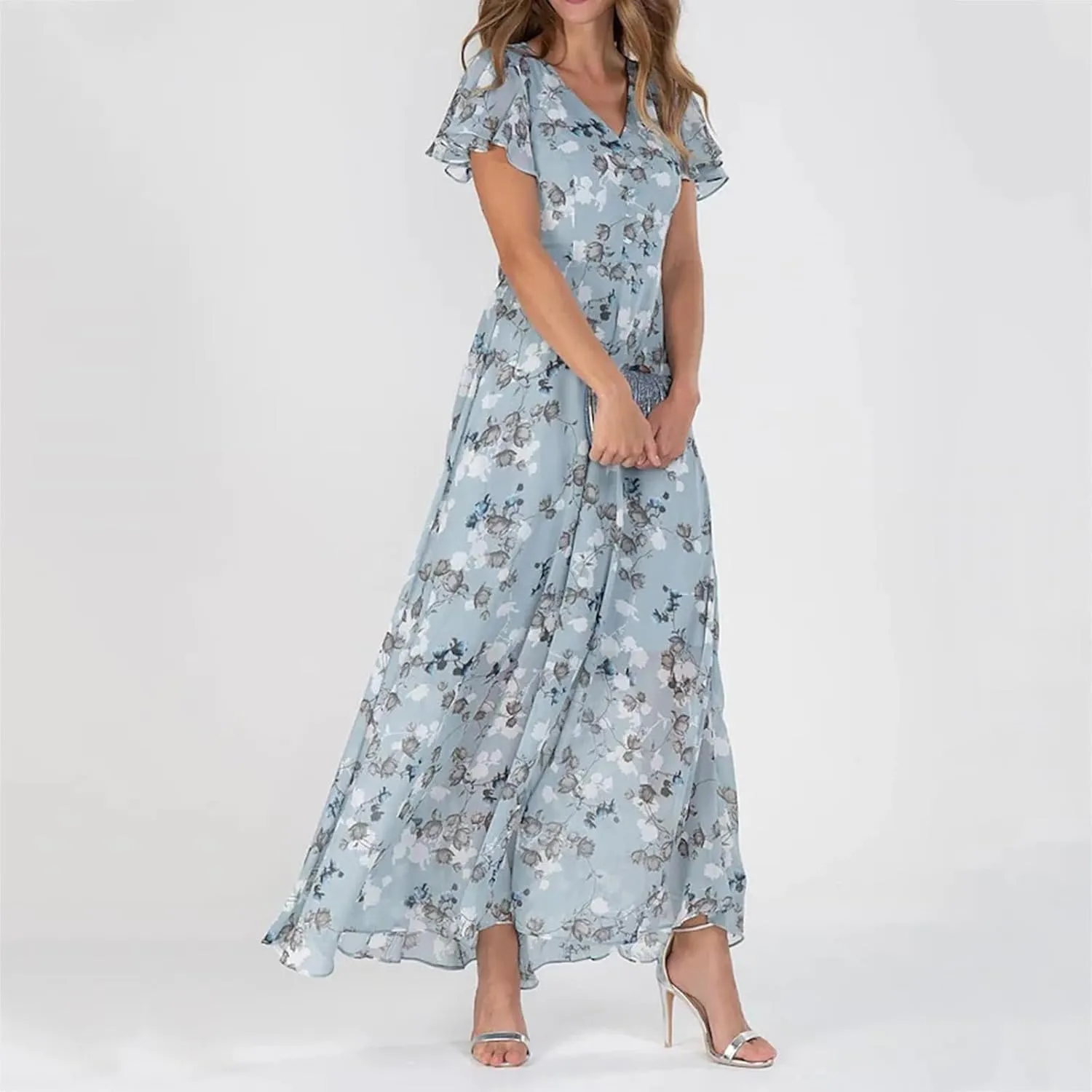 Womens Floral Summer Dress Sundresses for Women Chiffon Short Sleeve V Neck A-Line Ruffle Flowy Maxi Dress Casual 2025
