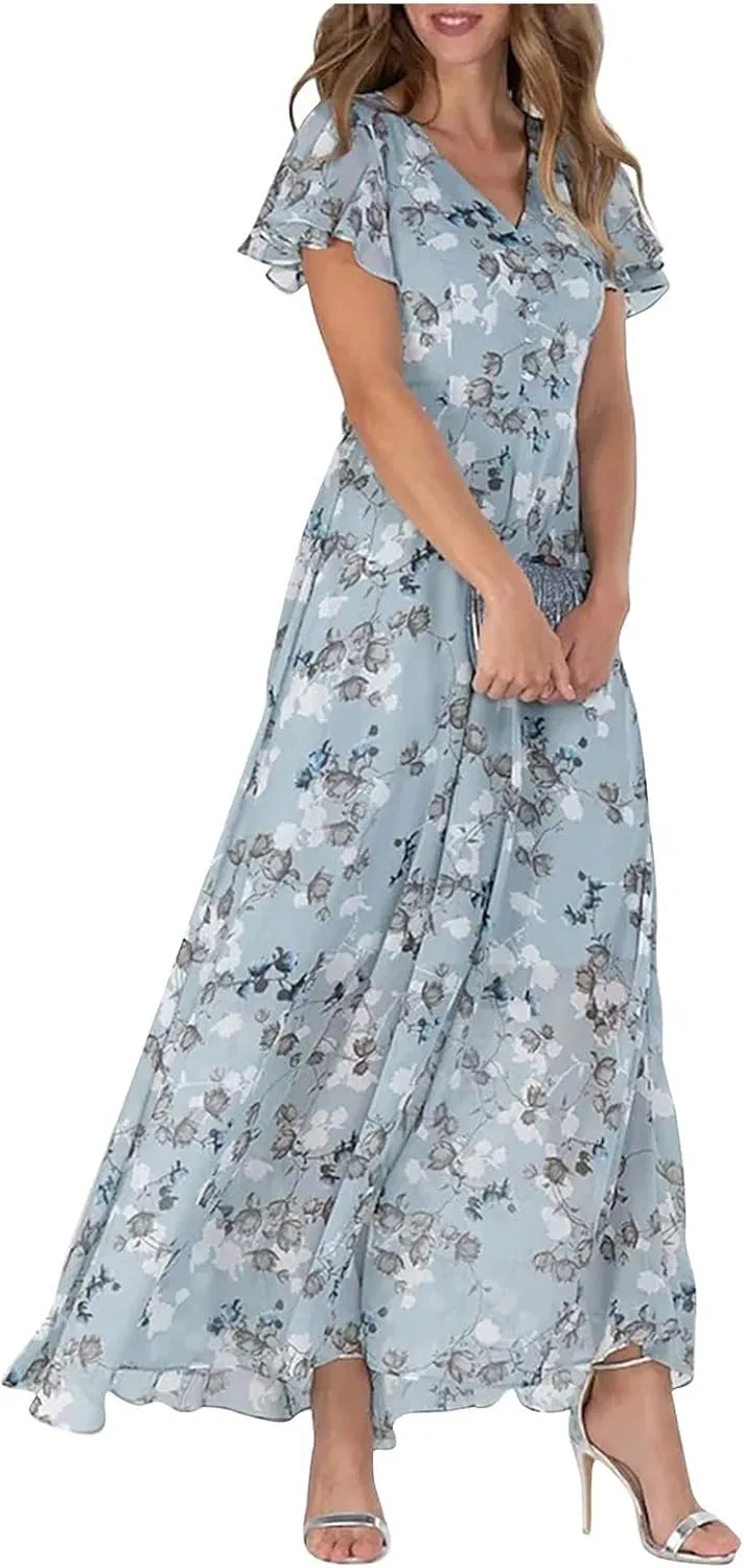 Womens Floral Summer Dress Sundresses for Women Chiffon Short Sleeve V Neck A-Line Ruffle Flowy Maxi Dress Casual 2025