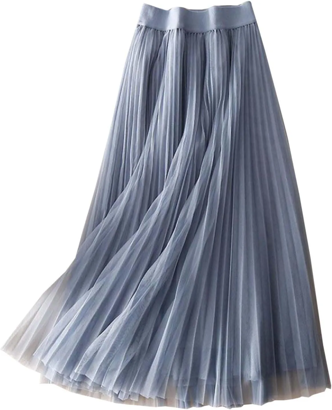 Womens Flowy Layered Tulle Midi Pleated Skirt Elastic Waist Swing Long Skirt Fashion Casual Dresses