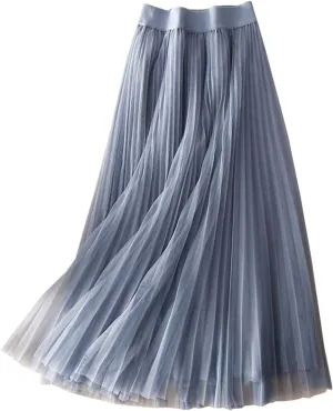 Womens Flowy Layered Tulle Midi Pleated Skirt Elastic Waist Swing Long Skirt Fashion Casual Dresses