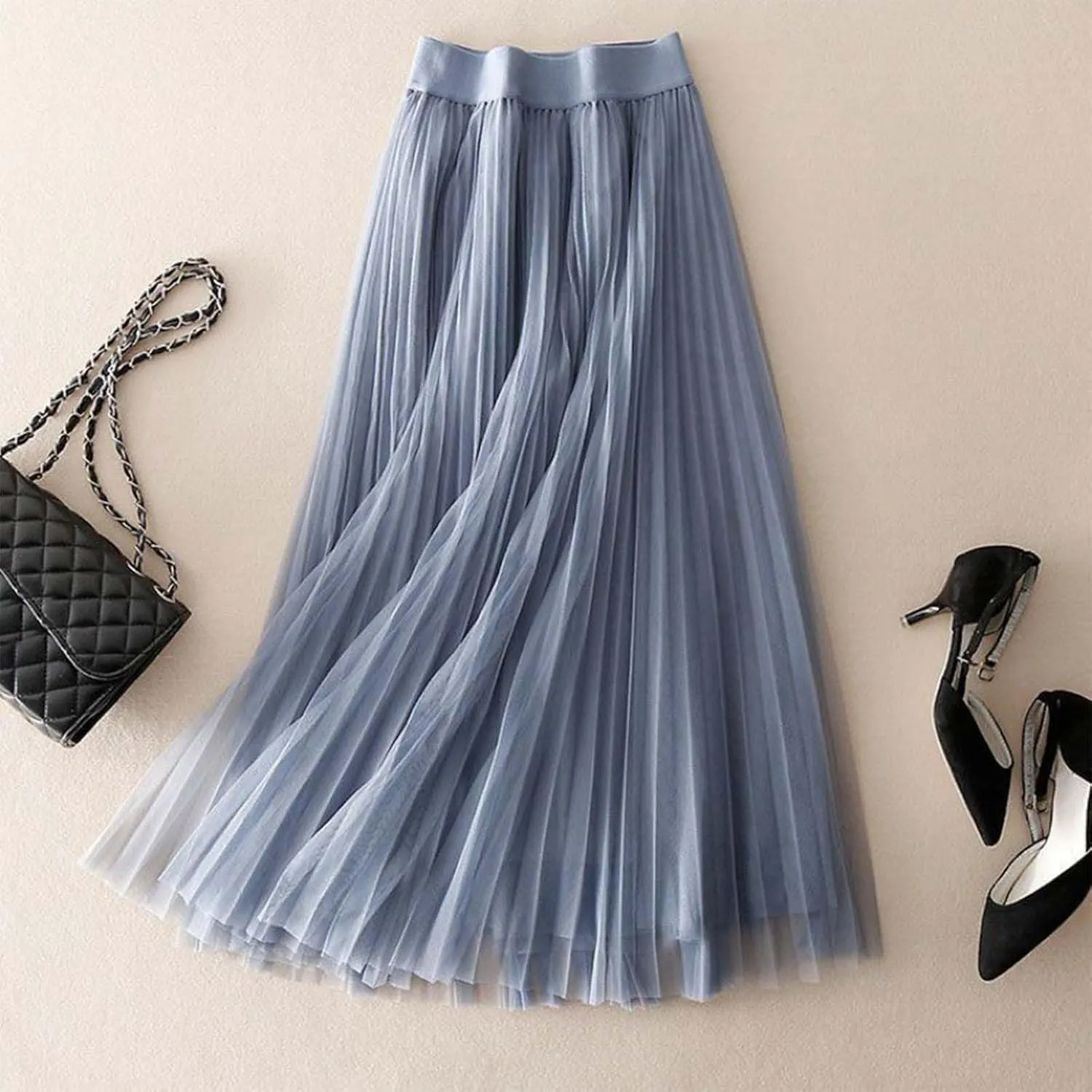 Womens Flowy Layered Tulle Midi Pleated Skirt Elastic Waist Swing Long Skirt Fashion Casual Dresses