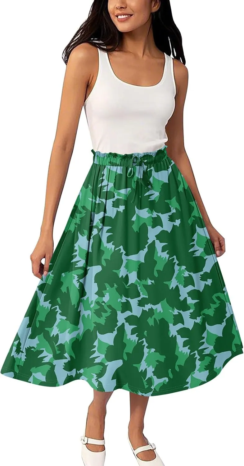 Women's Flowy Maxi Skirt Boho Summer Pleated High Waisted Casual Smocked Long Skirts with Pockets