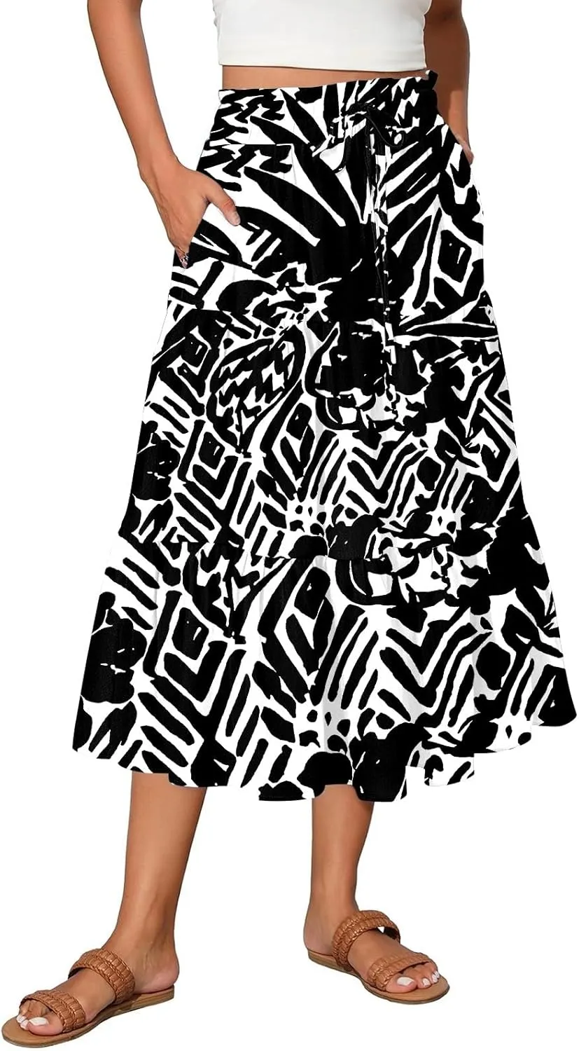 Women's Flowy Midi Skirt Pleated High Stretch Waisted Casual Boho Long Skirts with Pockets, S-2XL