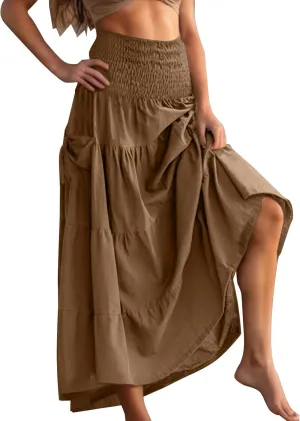 Womens Flowy Pleated Skirts High Elastic Waist A Line Boho Casual Midi Long Skirt Summer Casual Beach Cute Skirt