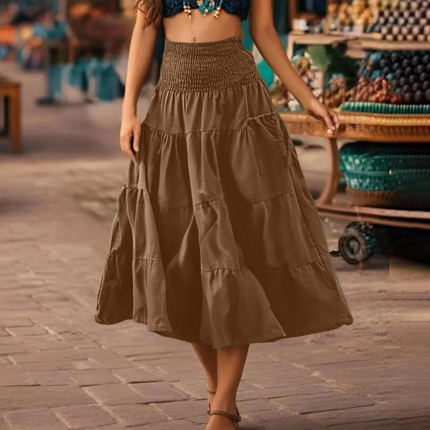 Womens Flowy Pleated Skirts High Elastic Waist A Line Boho Casual Midi Long Skirt Summer Casual Beach Cute Skirt