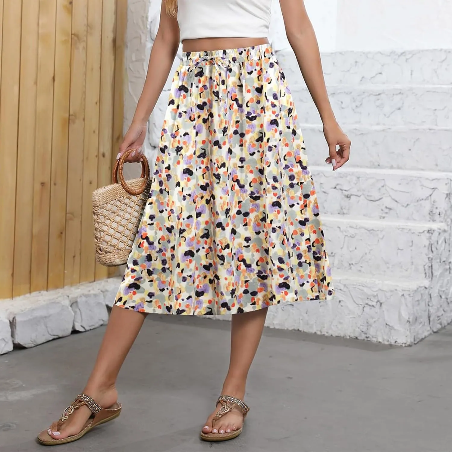 Women's Flowy Skirt Summer Casual Loose Trendy Elastic High Waist Floral Print Bohemian Sun Beach Maxi Skirts