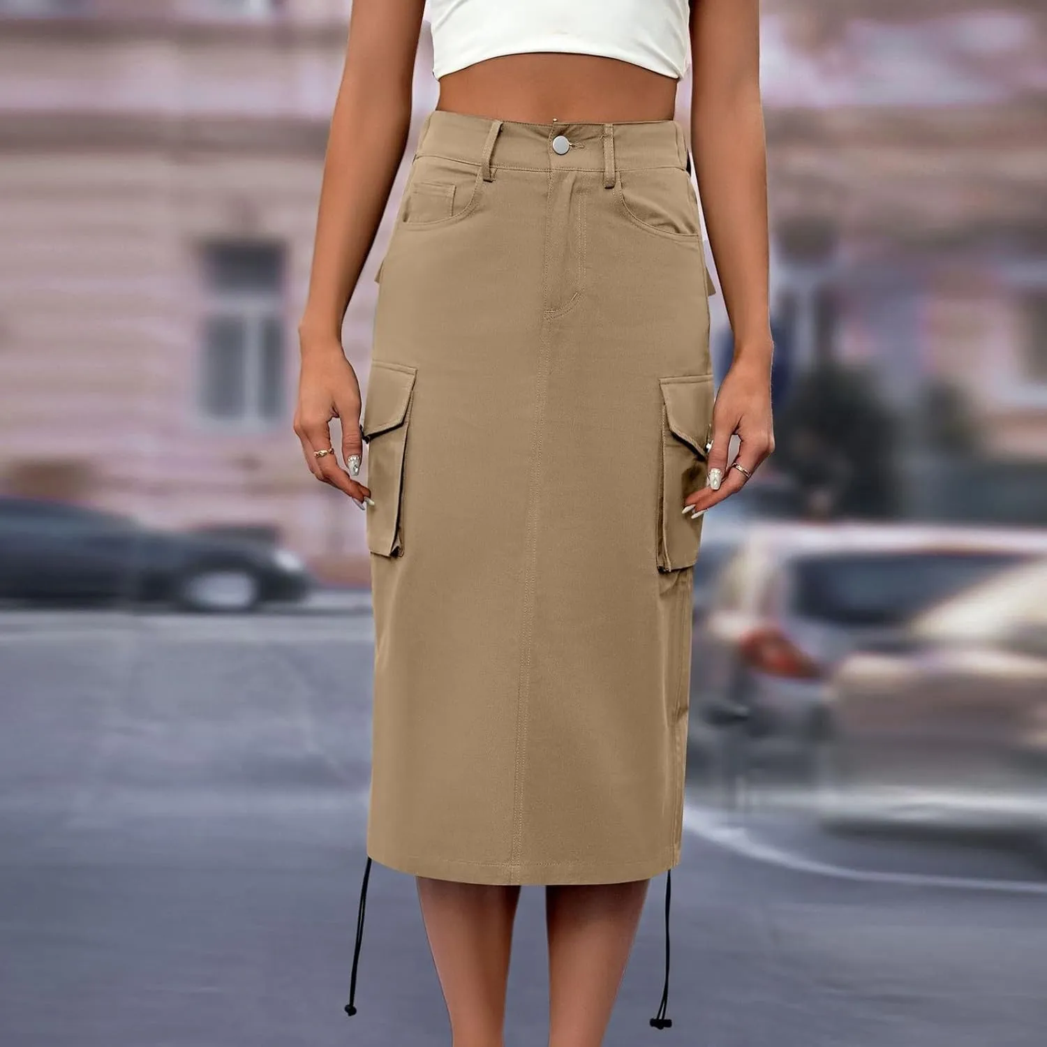 Women's Flowy Summer Casual High Waist Solid Elastic Button Midi Skirts,XS-XL