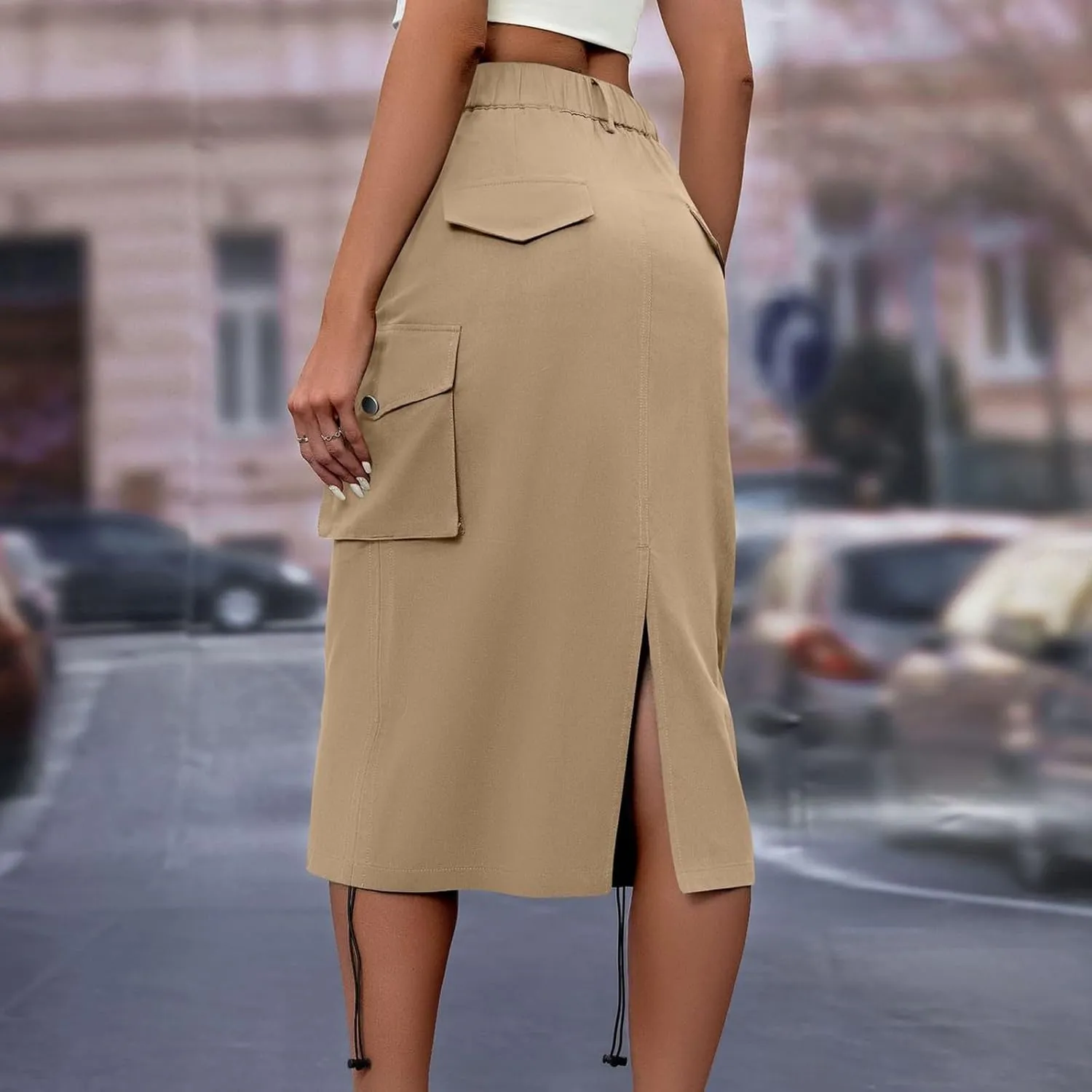 Women's Flowy Summer Casual High Waist Solid Elastic Button Midi Skirts,XS-XL