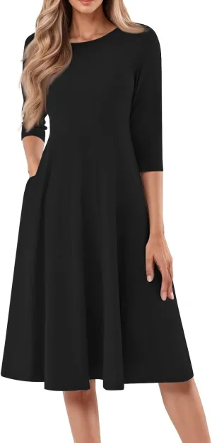 Women's Formal Dresses Solid Color Flowy Vintage Casual Swing Summer Spring Midi 3/4 Sleeve Dress