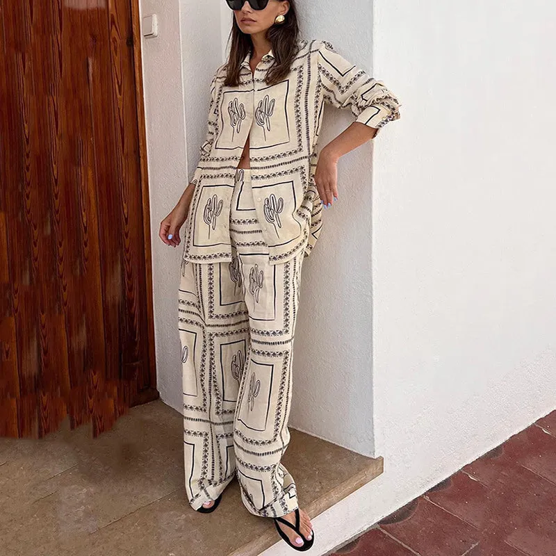 Women's Geometric Print 2-Piece Set - Shirt and Wide Leg Pants