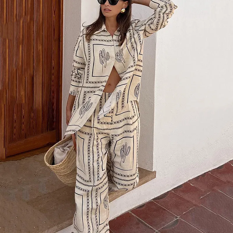 Women's Geometric Print 2-Piece Set - Shirt and Wide Leg Pants