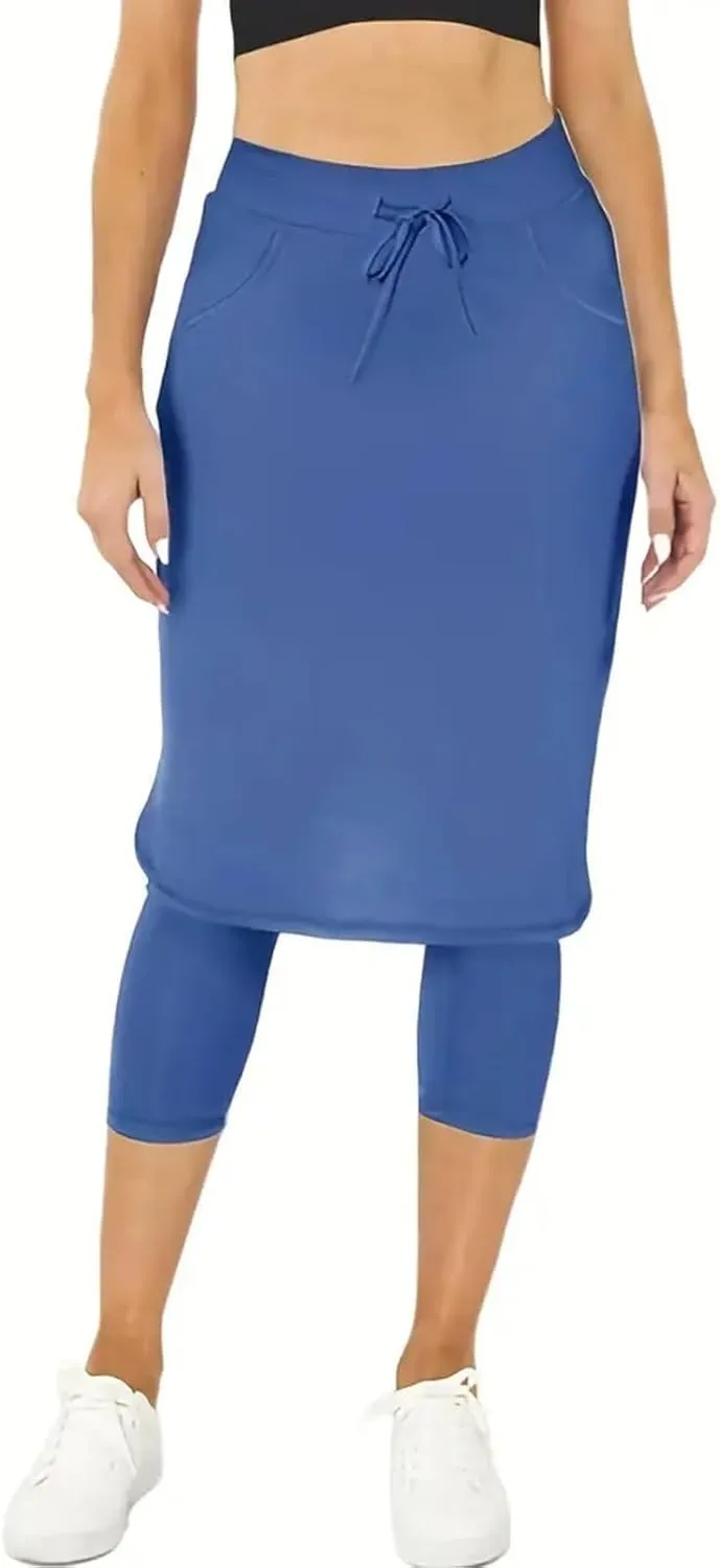 Womens Golf Skirts with Leggings, Knee Length Tennis Skorts with Pockets Stretchy Waisted Long Skorts with Yoga Pants