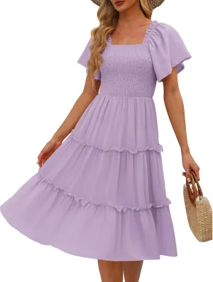 Women's Graduation Summer Smocked Flutter Sleeve Square Neck Modest Tiered Midi Dress