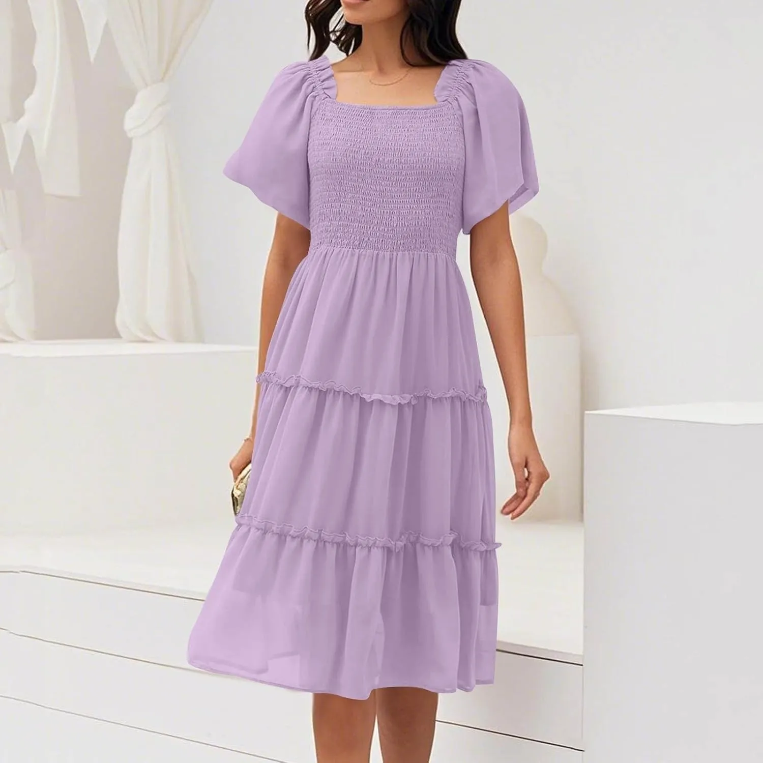 Women's Graduation Summer Smocked Flutter Sleeve Square Neck Modest Tiered Midi Dress