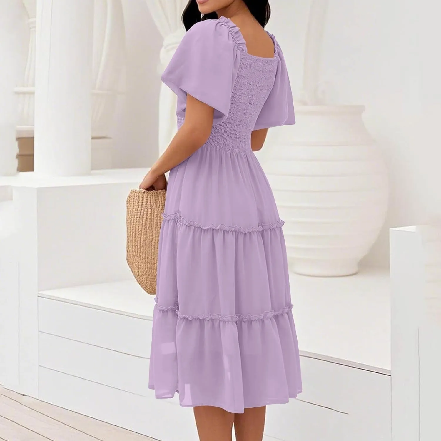 Women's Graduation Summer Smocked Flutter Sleeve Square Neck Modest Tiered Midi Dress