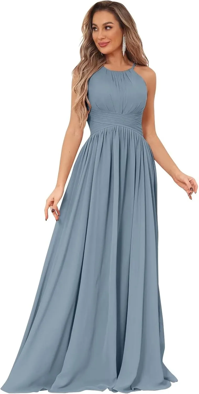 Women's Halter Chiffon Bridesmaid Dresses Long Pleated Sleeveless Empire Waist Formal Dresses