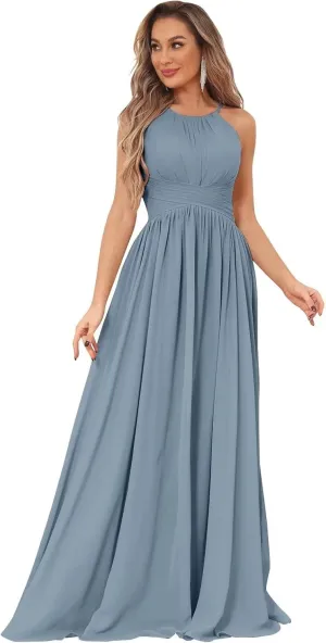 Women's Halter Chiffon Bridesmaid Dresses Long Pleated Sleeveless Empire Waist Formal Dresses