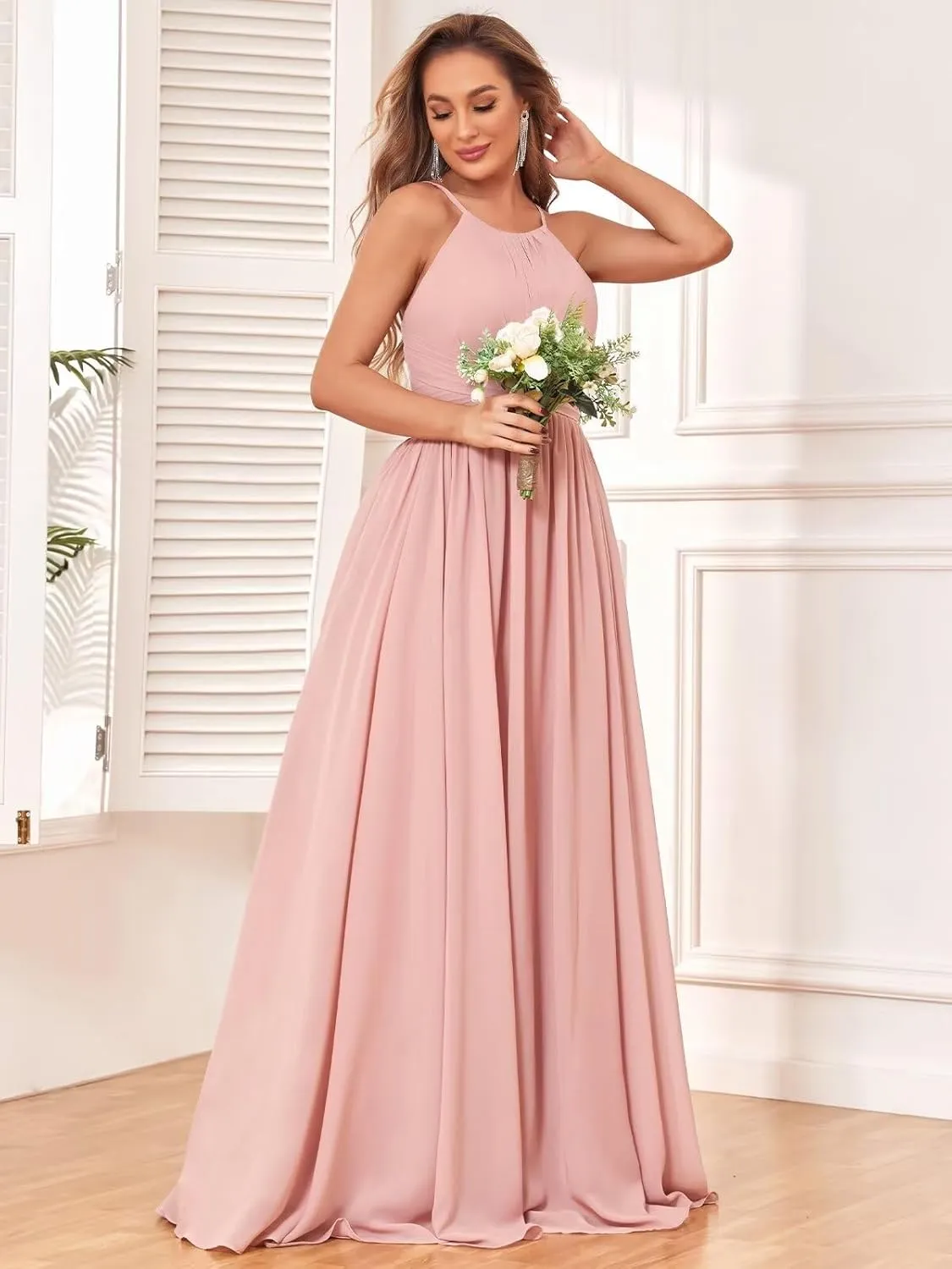 Women's Halter Chiffon Bridesmaid Dresses Long Pleated Sleeveless Empire Waist Formal Dresses