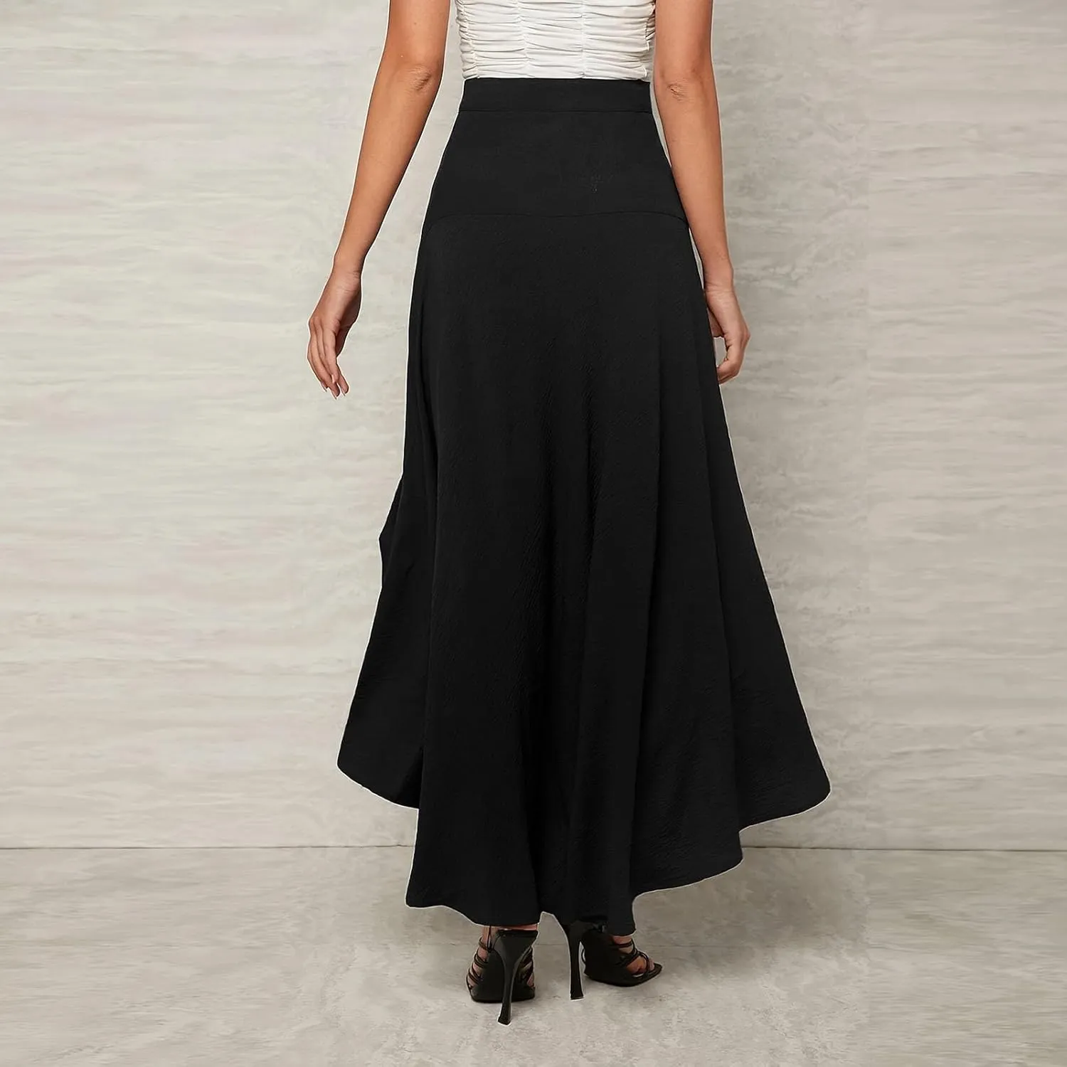Women's High Low Hem Formal Skirt Summer High Waist Wrap Flowy Midi Skirts Elegant Plain Prom Party A-Line Skirt