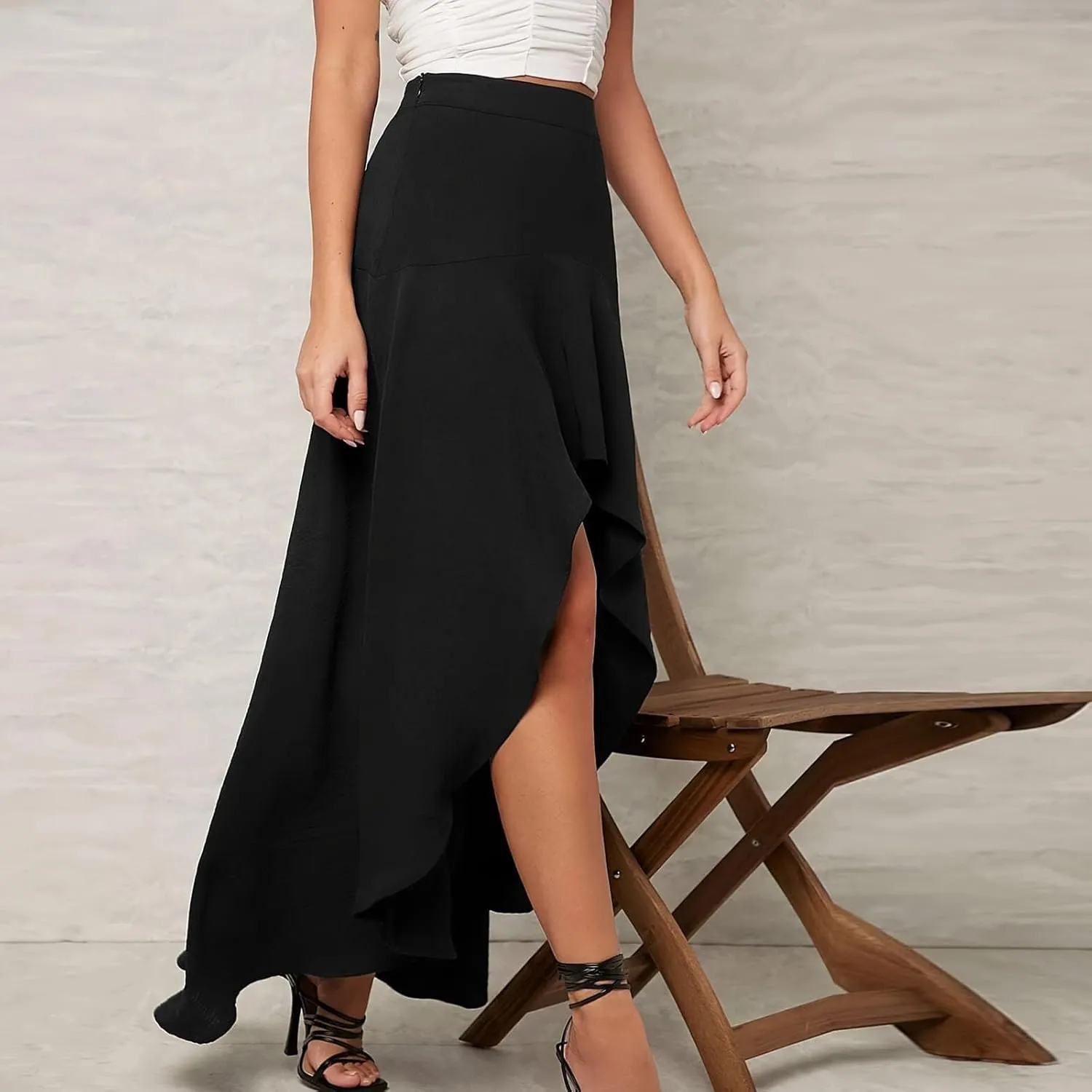 Women's High Low Hem Formal Skirt Summer High Waist Wrap Flowy Midi Skirts Elegant Plain Prom Party A-Line Skirt