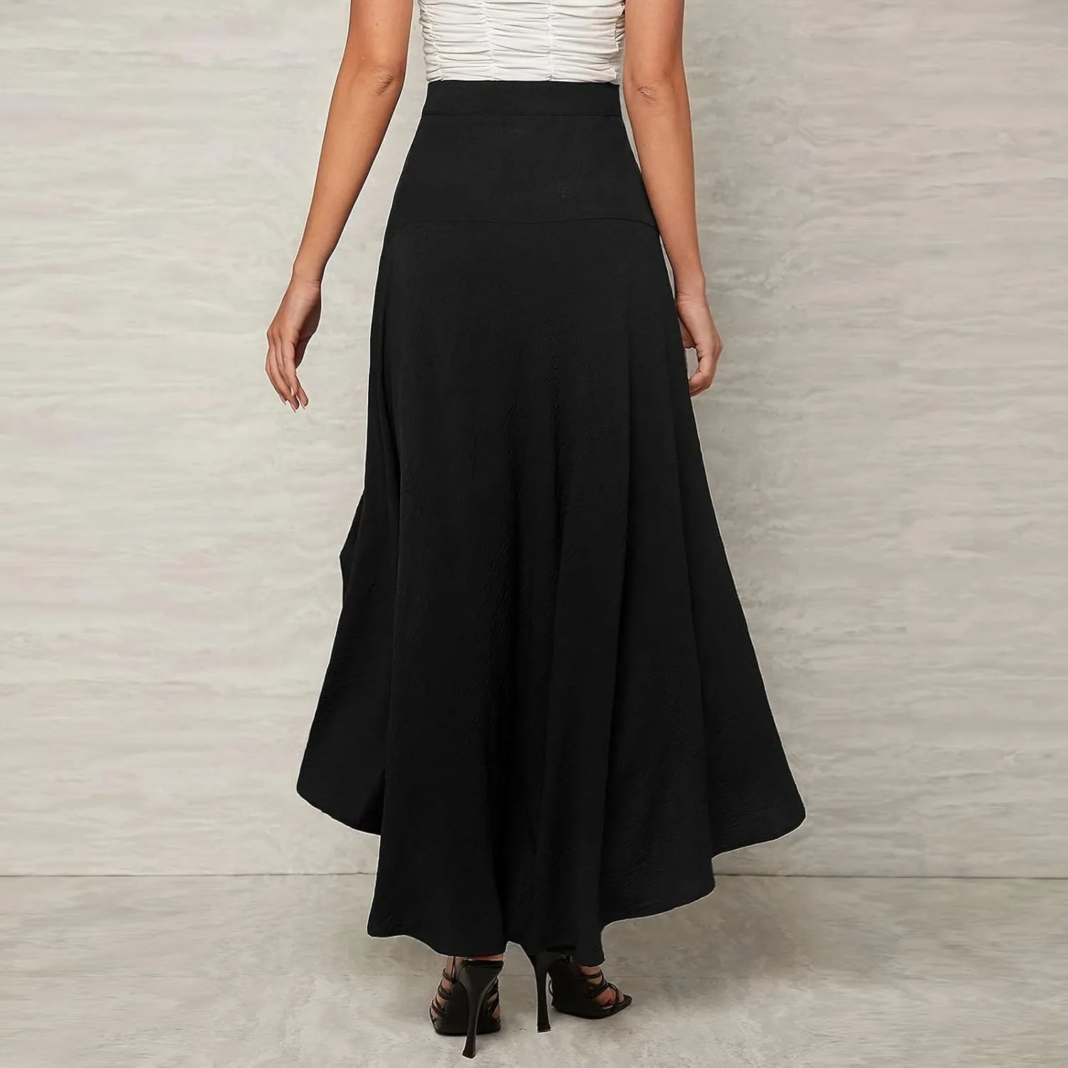 Women's High Low Hem Formal Skirt Summer High Waist Wrap Flowy Midi Skirts Elegant Plain Prom Party A-Line Skirt